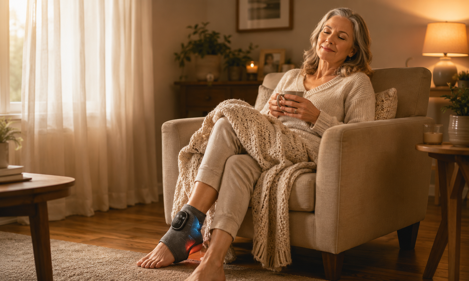 Woman sitting on a couch with a foot brace, using a smartphone in a cozy living room.